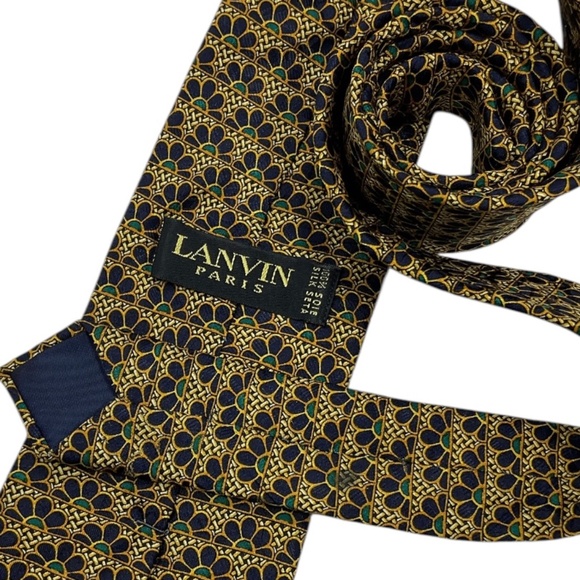 LANVIN XL Black/Gold/Green Geometric Floral Silk LUXURY Tie FRANCE - Picture 3 of 4